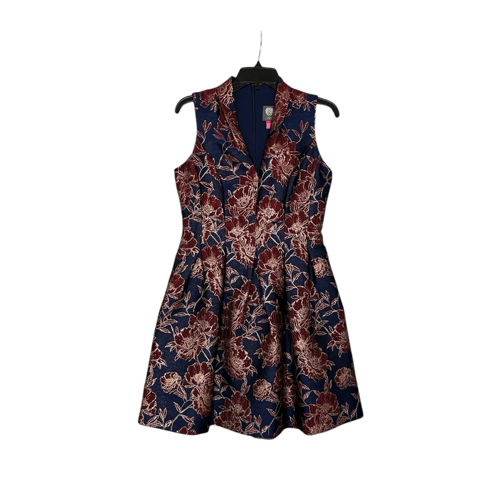Vince Camuto Navy and Burgundy Floral Jacquard Fit-and-Flare Dress. Sz: 6 - Picture 2 of 9